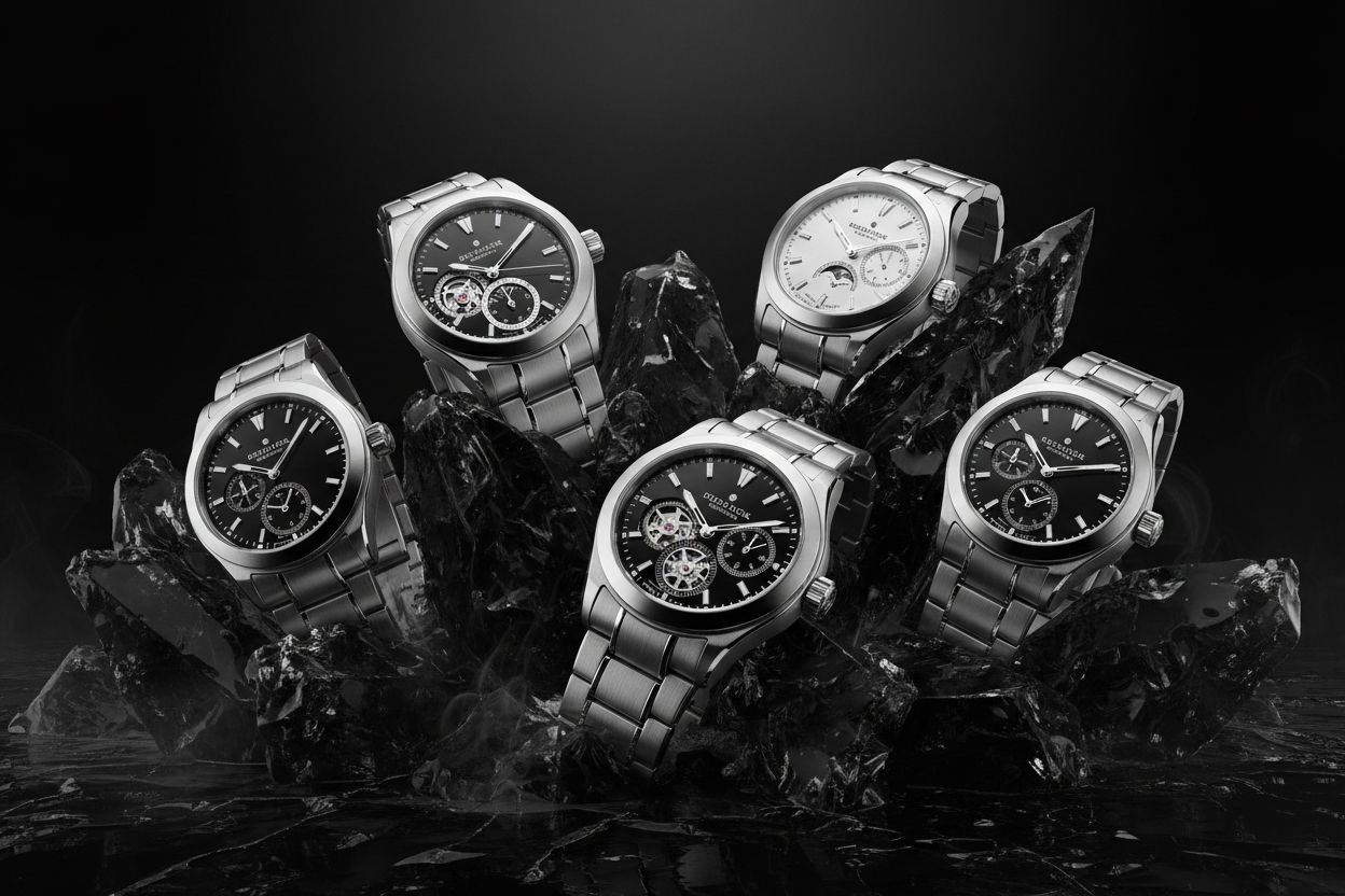 make me a background with luxury watches with a black and silver background with watches coming out black ice